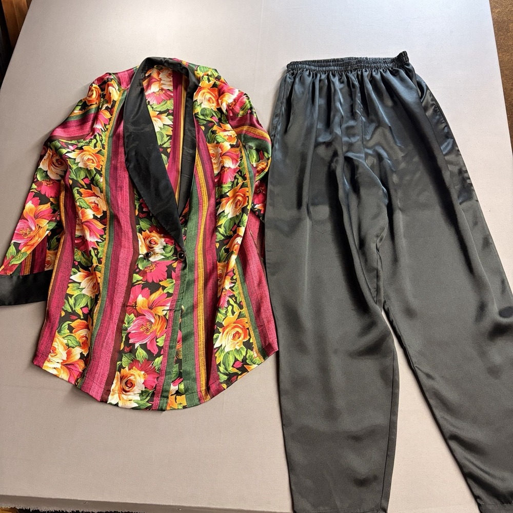 Vintage Victoria's Secret Pajama Set M Floral Satin Pants 2 Piece 90s